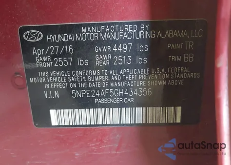 2016 Hyundai Sonata Se from USA, damaged, VIN 5NPE24AF5GH434356